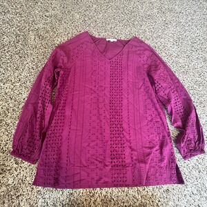 Indigo Thread Co. Plum Purple Eyelet V Neck Long Sleeve Tunic Top Women's Medium